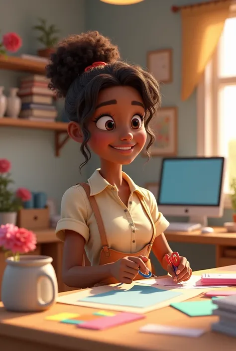 Describe in 3D Pixar style, an inspiring scene of a woman of approximately 3, with black skin tones, medium length brown hair, very curly, no bangs, tied with a ponytail, who is smiling warmly while holding scissors and colorful papers in her hands. she is...