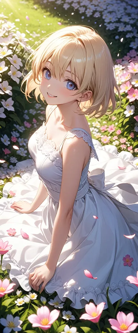 Blonde short hair girl、Pure white dress、corolla、Surrounded by a flurry of petal petals in the middle of a flower field on a sunny day、The sunlight shines all around、smile