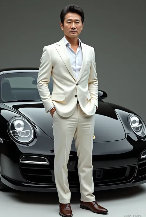 A handsome middle-aged Japanese man wearing a white striped suit stands directly in front of a black Porsche..