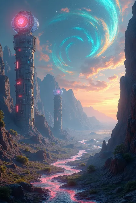 Somewhere realistic in the galaxy with beautiful colors and mechanical effects of energy and current, a world from another planet without characters., Image quality 
