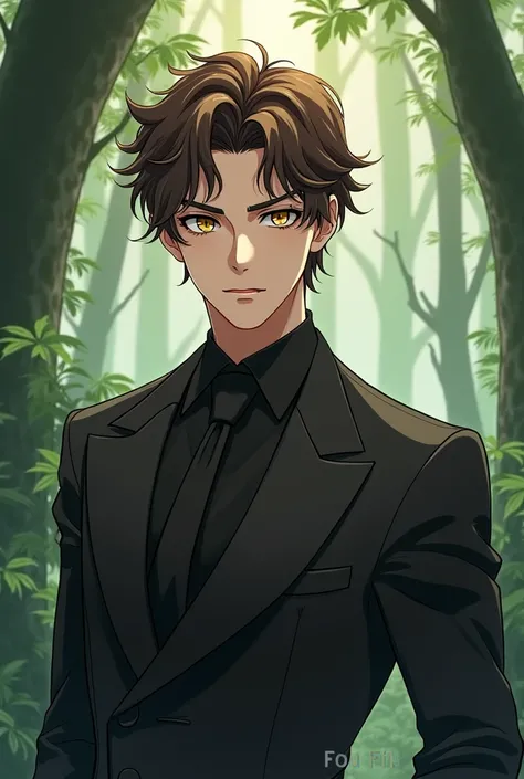 Draw a cute and attractive  white skinned  in anime style, with wavy brown hair and golden hazel eyes with a little , She has nice and elegant clothes , It has to be extremely masculine and handsome and the background has to be the forest 