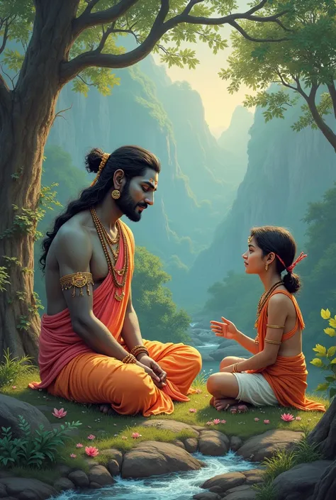 A depiction of Ram sharing his wisdom with a younger traveler, continuing the cycle of learning.