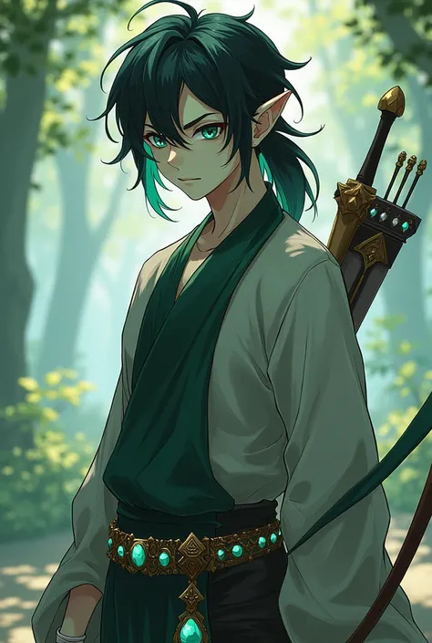 Black low ponytail，Half-elf man with 3:7 bangs，Light green skin，Light green face，Blue-green eyes，Carrying a bow，A jeweled dagger hangs from his waist，Jewels on the belt，Japanese anime style