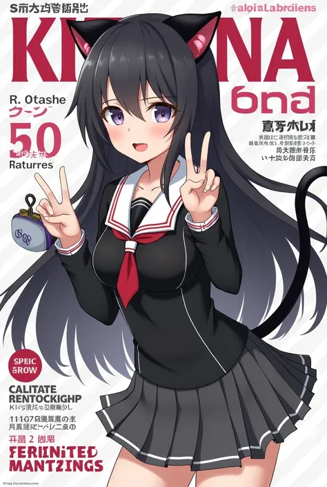 Oeuvre dart. high quality. Magazine cover featuring Kittana long black hair with bangs. Oreille de chat noir sur la tête. Black and white school girl outfit. V gesture with two fingers of the hand. Pouch. Kittana. Realistic.