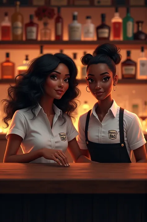 Image of two beautiful black bartenders one with long black hair and the other with short black hair wearing shirts that say HENRYS B&G