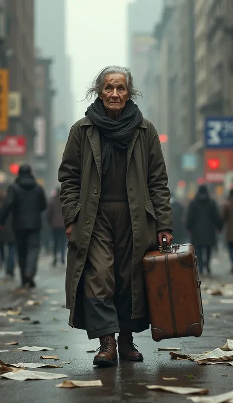 An elderly woman with a luggage 