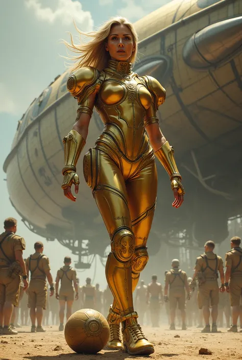 A woman in a futuristic outfit stands in front of a group of people., Large dieselpunk airship, Ball dribbling, Inspired by Gil Elfgren, Fantasy paladin woman, Inspired by Mark Brooks, [ [Bubble, Portrait of Helen of Troy, Ski - Fire : :, Golden Armor  