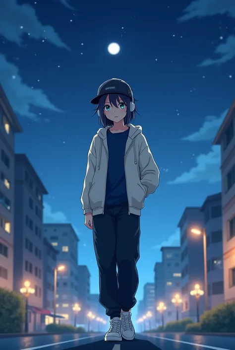 An anime teenager with a long cap, light blue eyes, wearing a white sweatshirt and a dark blue shirt, wearing black sweatpants with white sneakers, wearing white headphones and walking through the city on a clear night and with a body that is not very athl...