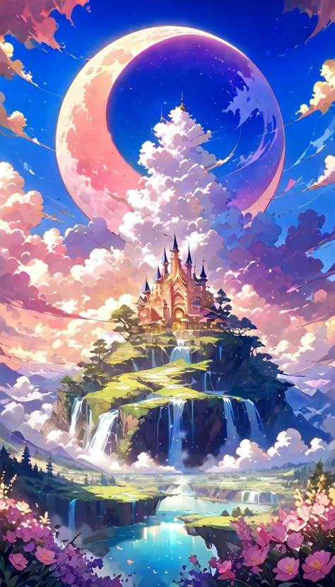 An ethereal sky filled with layers of fluffy, glowing clouds, each radiating soft pastel hues of pink, lavender, and gold. Rays of sunlight pierce through the cloud layers, casting a magical glow on the surroundings. Floating islands covered in mist and wa...