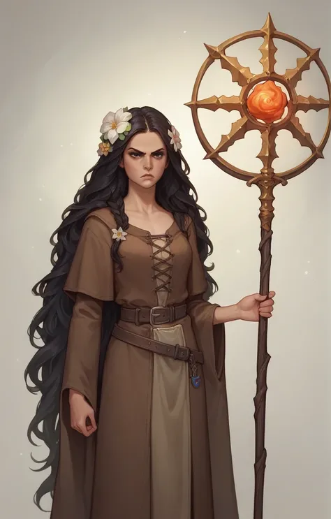 1female, very long hair, dressed in mages brown robe, magic staff, dark hair, medieval cloth, spell book, magic, fireballs, serious, brown robe, flower ornament, flower in hair, book bound to belt, scrolls in belt, 