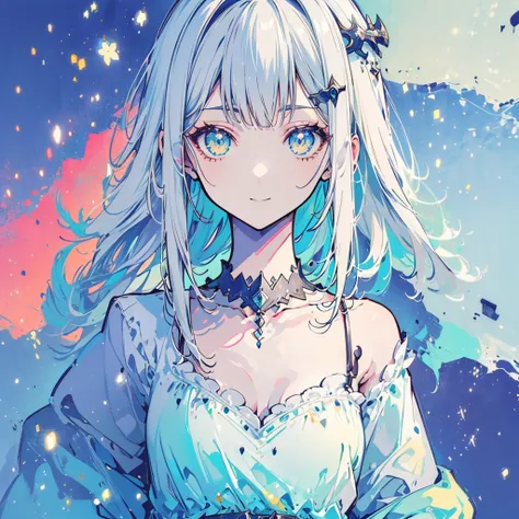 Absurd,anime,Detailed and beautiful eyes,(art),(artistic clothing:1.5),angel,gray hair,smile,(a girl:1.5),from the waist up,(small breasts:1.2),(small chest:1.2),mysterious,fallen Angel,Hello,(Large detailed hair ornament:1.2),(look away:1.5),detailed clot...