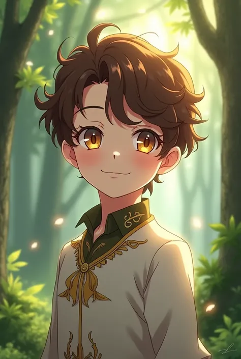 Draw a  white skinned boy in anime style, with wavy brown hair and golden hazel eyes with a little , She has nice and elegant clothes ,  the background has to be the forest 