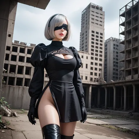 score_9, score_8_up, score_7_up, 32k,masterpiece, highest quality, 
photo realistic, super detail, vibrant colors, chiaroscuro lighting, cinematic lighting,
1 woman inspired nier automata 2B,
bob cut, silver hair, mole under mouth, black hairband, black bl...