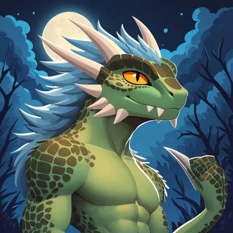 super fluffy argonian in dreamworks art style, full moon background,in forest 