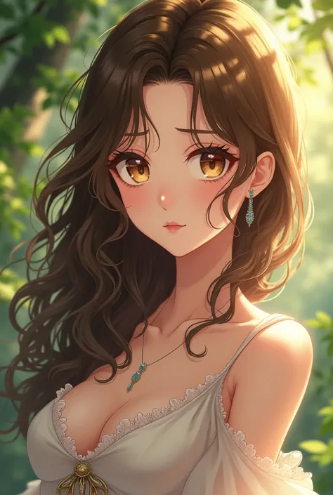 Draw a white-skinned  in anime style, with wavy brown hair and golden hazel eyes with a little , She has nice and elegant clothes ,  the background has to be the forest 