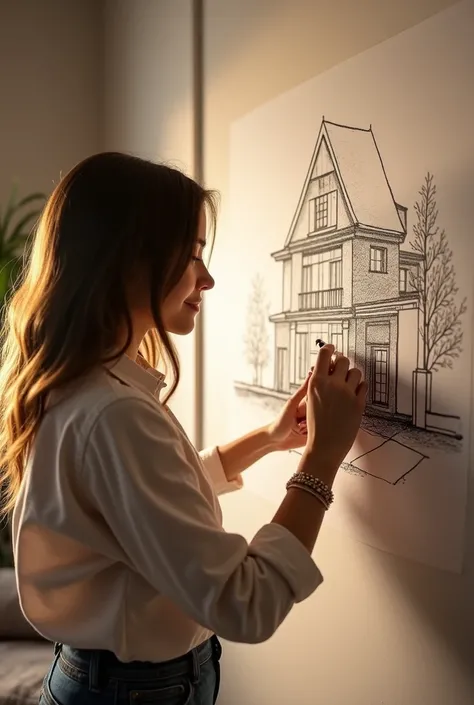 A bright adult girl draws a house project on the wall but does not show her face real