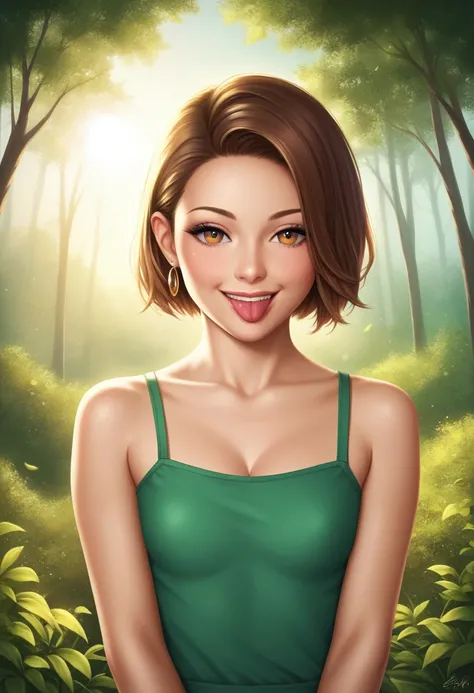 beautiful girl, (((((small)))), showing face, protruding tongue, short hair, brown, 8k, professional photography, delicate, clear, in the forest, sun, light leakage, masterpiece, (beautiful)))), (reality)))), smile, fantastic, angel, young, pantyshot,