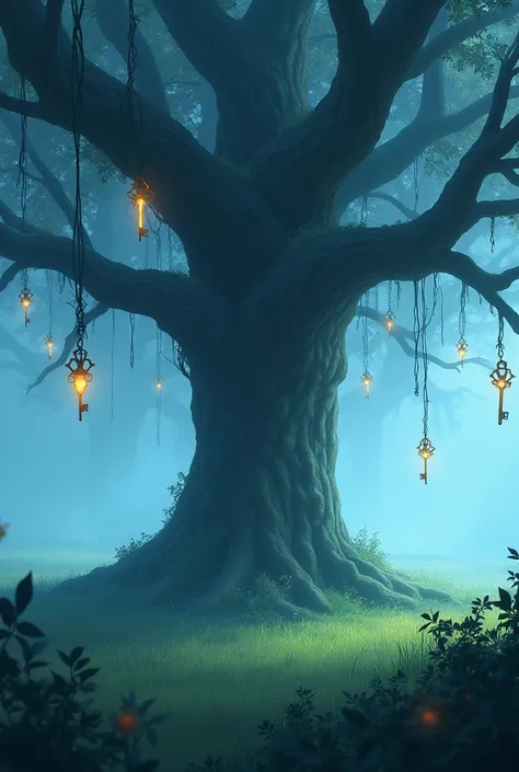 Wide shot of a fog covered meadow with a large ancient tree in the middle keys dangle from the branches in anime  in high quality 