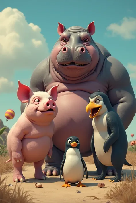 Generate a photo for pig penguin and hippo dont use a animal twice in the photo and make the photo more funny. All animal should be in the image. The pig should be tallest and then hippo and penguin should be smallest. Pig and hippo in one team and they ar...