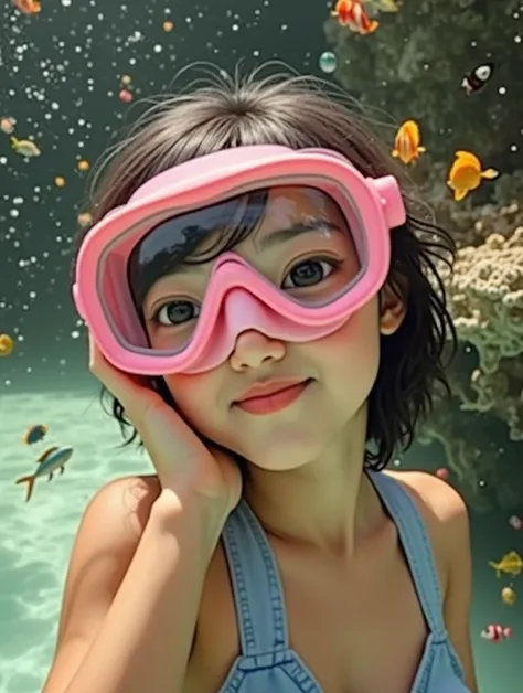 Cute asian lady, pink snorkel mask