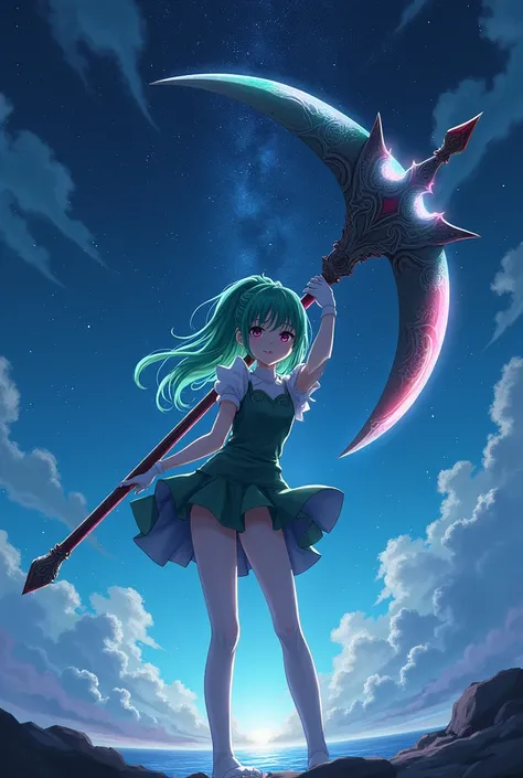 Green long hair anime girl，White Gloves，short skirt dress，white pantyhose，Night sky，giant scythe