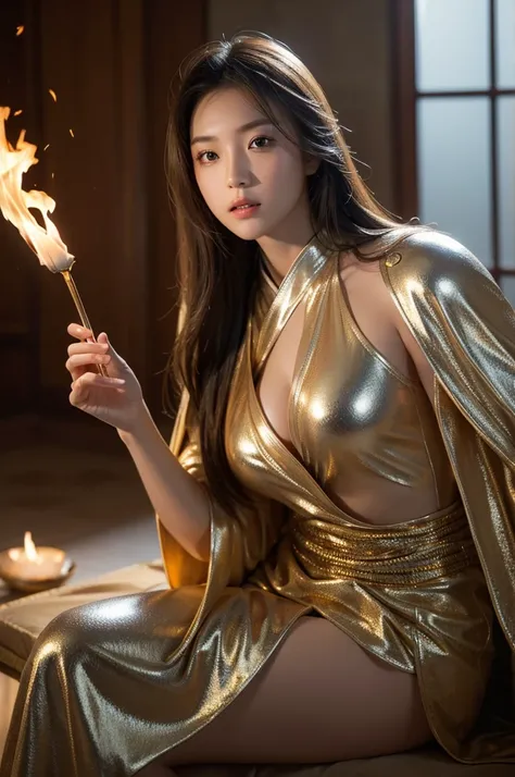 Best Quality, Face Focus, Soft Light, Ultra-high resolution, (Photorealistic:1.4), RAW Photos,Cinematic lighting,Late Elise、Golden Ratio/. Japanese Beauty（Silver armor with flame motif、Robe on Arma&#39;s shoulders,Tight long skirt,Beautiful legs,Tight blac...