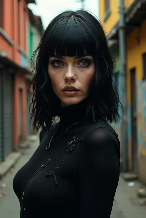 a woman with Brazilian gothic bangs in the favela