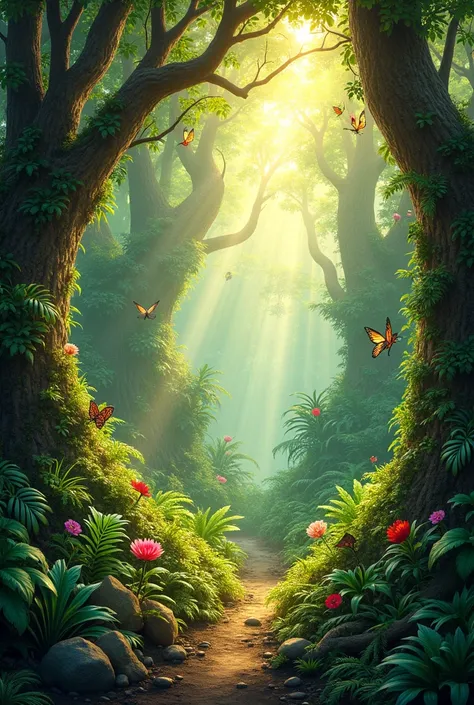 lush jungle filled with vibrant colors and sounds of wildlife. The sun shines through the trees