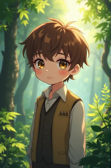 Draw an attractive white-skinned male child in anime style, with wavy brown hair and golden hazel eyes with a little , has elegant clothes , the background has to be the forest 