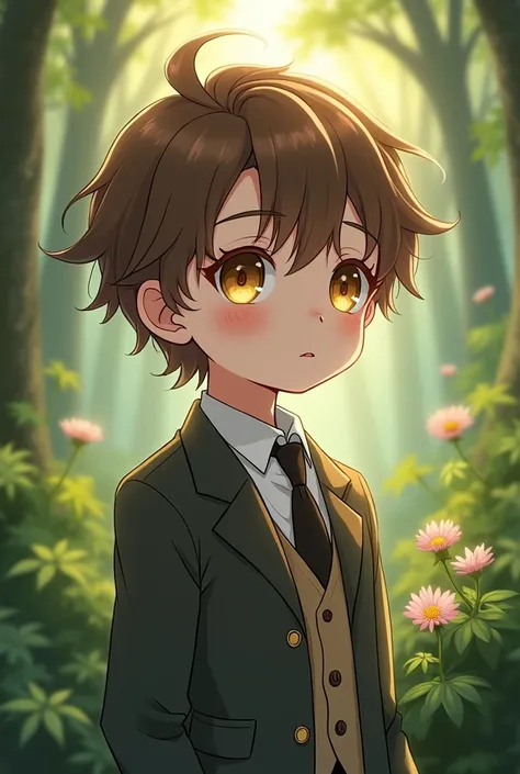 Draw an attractive white-skinned male child in anime style, with wavy brown hair and golden hazel eyes with a little , has elegant clothes , the background has to be the forest 