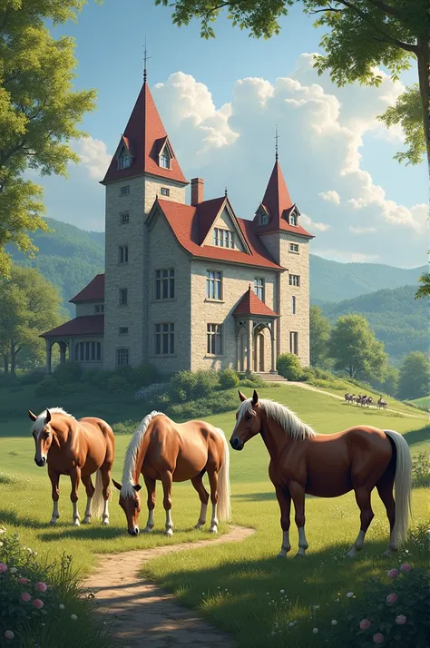 A stable building and three horses