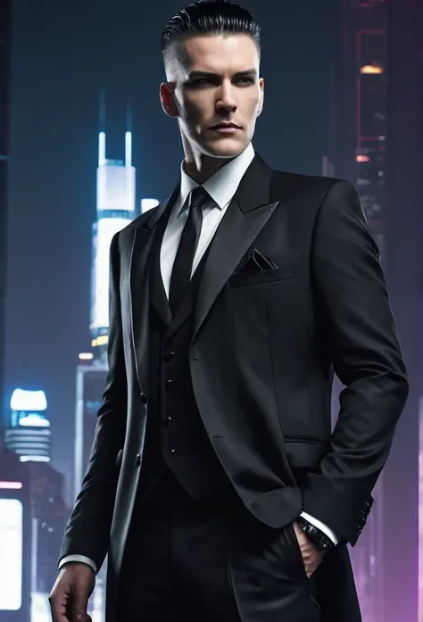 tall man, White, in black cyberpunk formal wear, on a cyberpunk background