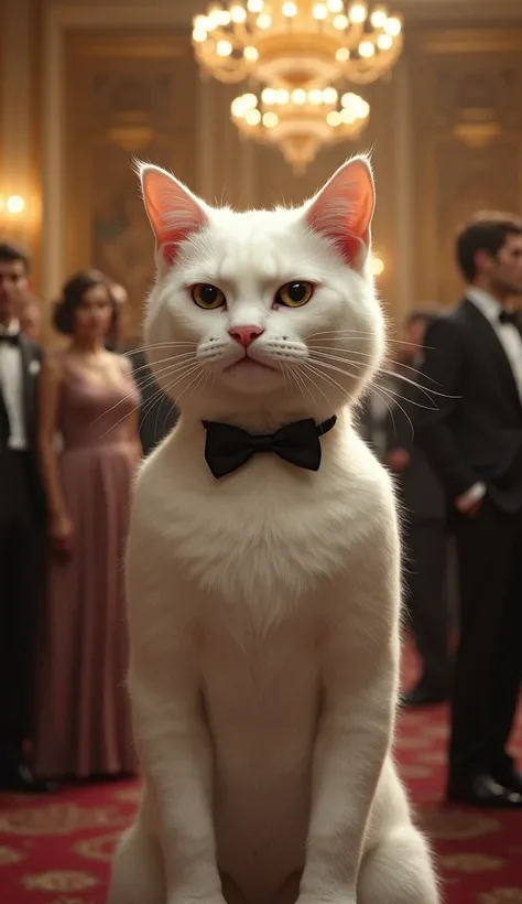 Create an image of white handsome cat wearing formal dress standing in ball party with jealous face