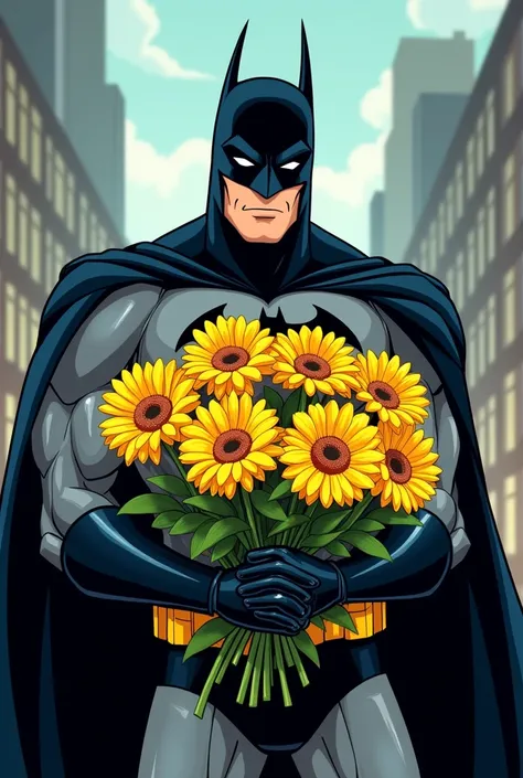 Animated Batman delivering a bouquet of 6 yellow gerberas 