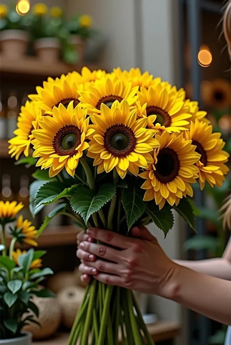 Bouquet of sunflowers, that someone takes them after a purchase