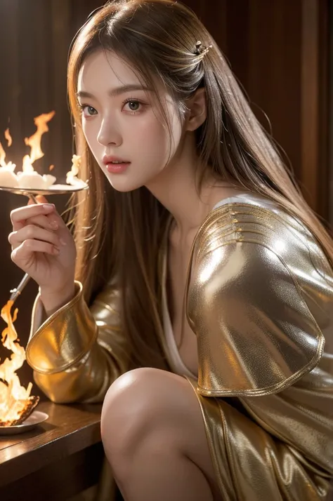 Best Quality, Face Focus, Soft Light, Ultra-high resolution, (Photorealistic:1.4), RAW Photos,Cinematic lighting,Late Elise、Golden Ratio/. Japanese Beauty（Silver armor with flame motif、Robe on Arma&#39;s shoulders,Tight long skirt,Beautiful legs,Tight blac...