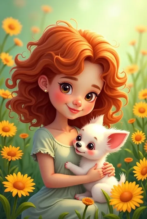 Cartoon person with copper colored curls, with yellow flowers and 1 white baby chihuahua, signs of nursing 
