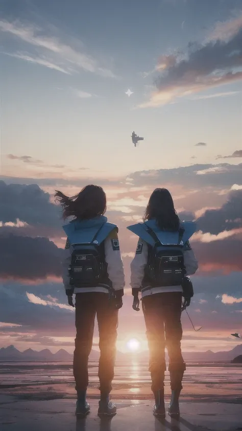 dawn,dawn,Morning Glow,Octane, star (null), scenery,cloud,Rear View,Two young people in uniform,The sun is rising,Dark Skies