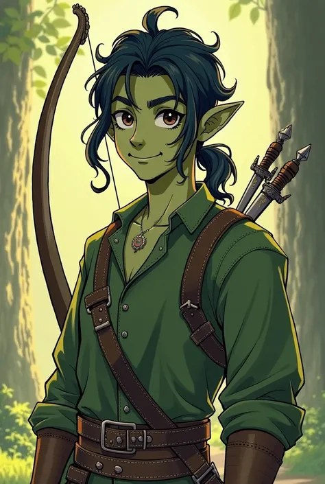 Black low ponytail，Half-elf man with 3:7 bangs，Has light green skin，Looks cheerful，Carrying a bow，A dagger hung on his waist，Comic Style