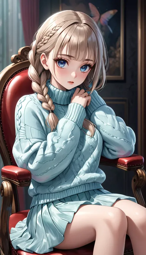 cool beauty, striking beautiful eyes, glossy silky braided bangs hair, forehead, make-up, fascinating, perfect proportions, wearing fluffy sweater and fluttering skirt, sitting on a chair and stretching out with a bored look on her face, delicate and dynam...