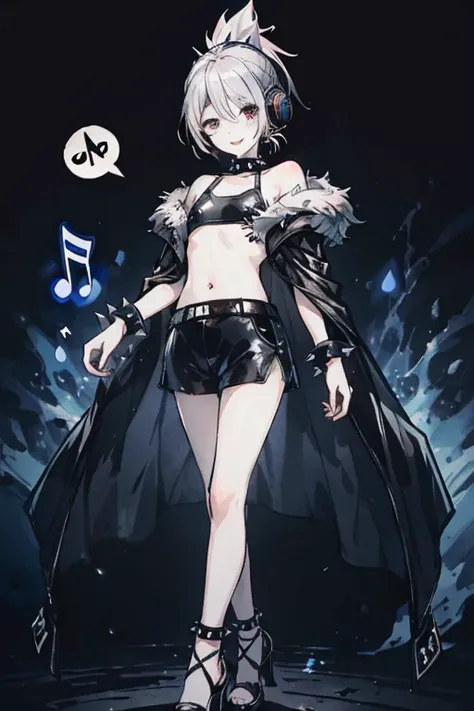 ((Best Quality)), ((masterpiece)), (detailed), Full body shot of a girl walking alone,((Silver Hair,Spiked hair ponytail)),Black navel cutout one piece swimsuit, ((Black leather shorts)),Open-chested,Black eyes,Slender,Plump lips,Mischievous Smile,Showing ...