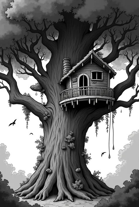 comic style black and white photo of The Magic Tree House, a gigantic tree with a house in its branches. The house had round windows and a door that looked like it was made of candy.