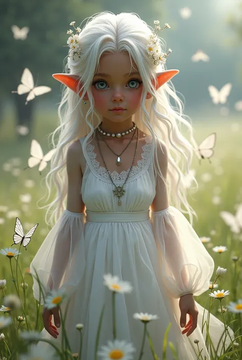 A young black-skinned girl , with white hair, Long wavy hair and grey eyes,  A fantasy A-line tipi dress, puffed bottom and white puffed transparent sleeves,with bright white butterflies on some parts of the dress, Elf ears, With silver earrings and a crow...