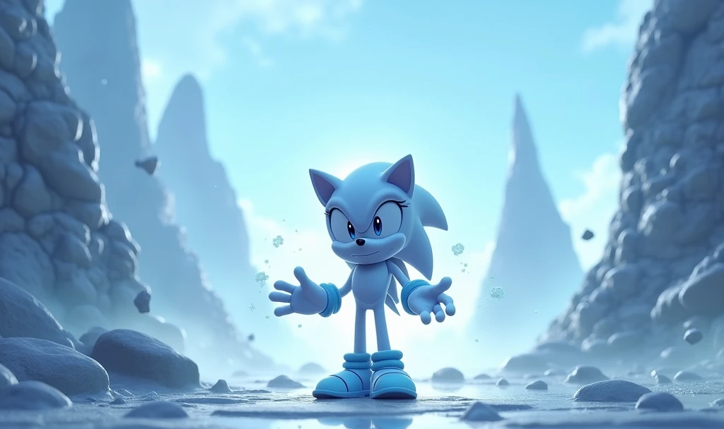 Create an image of Sonic&#39;s character Silver in a light blue tone setting with rocks rising up 