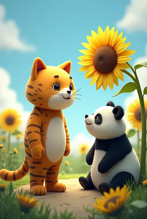 A man in a cat mascot costume, a panda standing looking at a sunflower