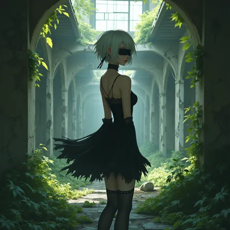 Nier Automata。Beautiful and sexy blindfolded２b。　The background is an abandoned building。Lush vegetation。２ＢA scene that looks back。