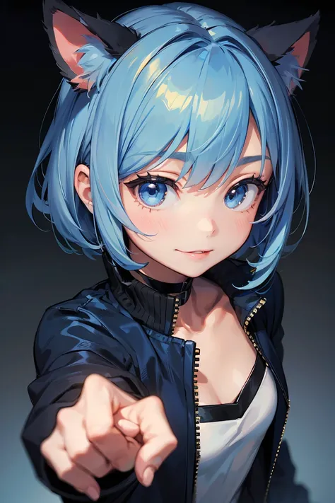 (masterpiece), best quality, expressive eyes, perfect face, face shot, ((light blue hair)), very long bangs, blue eyes, short hair, cat ears, darkened face, blue and black jacket, small chest, cog, meccog, close up, head only shot, very close-up shot view,...