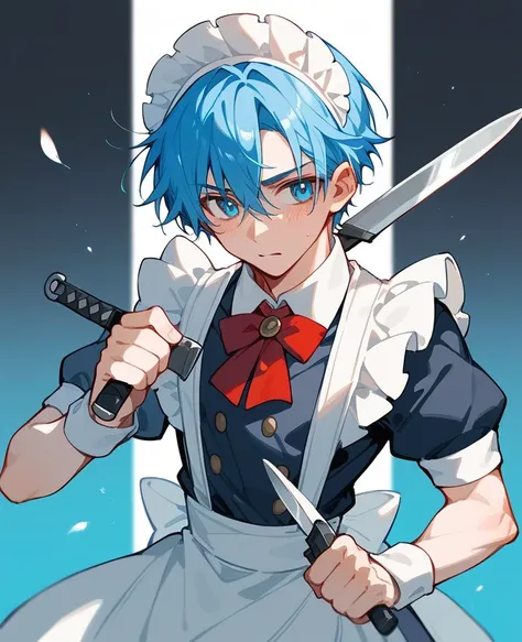 Navy Blue Hair、Blue Eyes、Maid-style clothing、High image quality、male、Throwing Knives