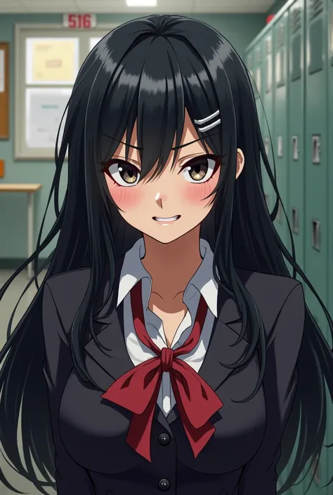 anime girl popular schoolgirl a conceited one with long black hair, with a snarling look