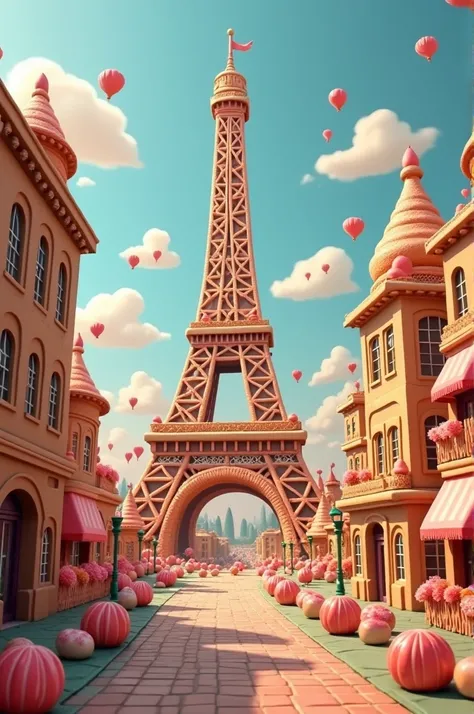 Eiffel Tower made of sweets in a playful city made of cookies, with a street